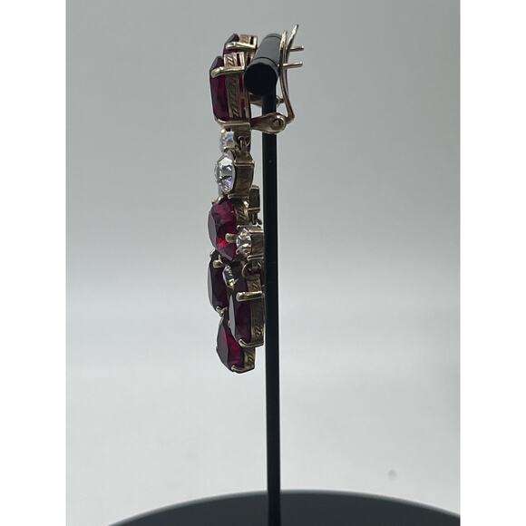 Beautiful Vintage Signed Red Clear Rhinestone Chandelier Clip On Earrings - Picture 6 of 16